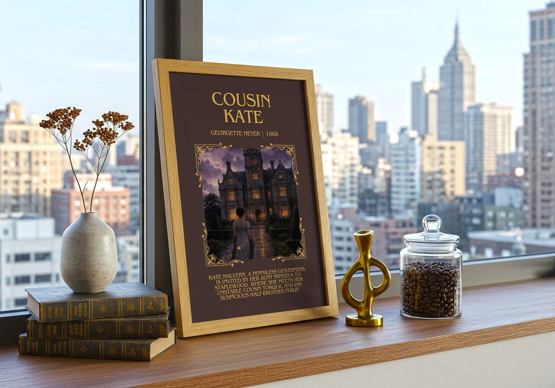 Cousin Kate Minimalist Book Poster by Georgette Heyer – framed print on a city-view windowsill