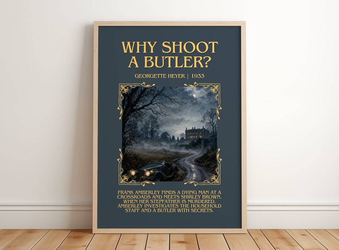 Why Shoot a Butler? Minimalist Book Poster by Georgette Heyer – framed print leaning on a wooden floor