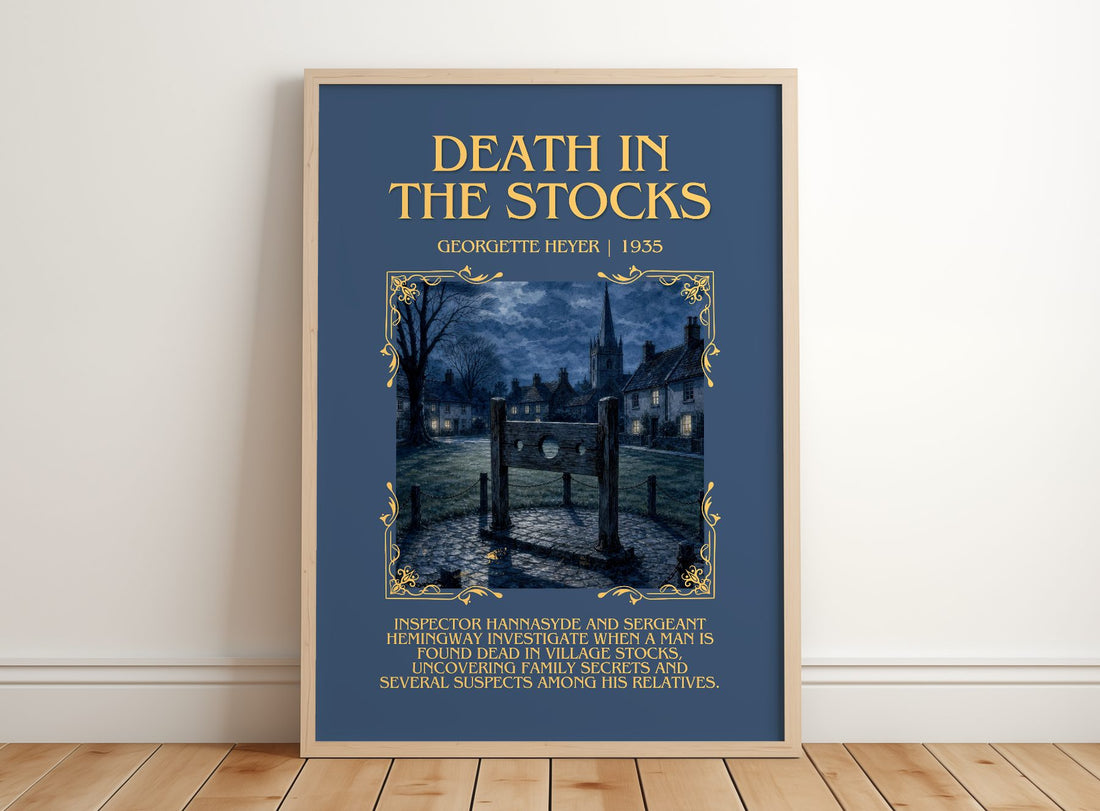 Death in the Stocks Minimalist Book Poster by Georgette Heyer – framed print leaning on a wooden floor