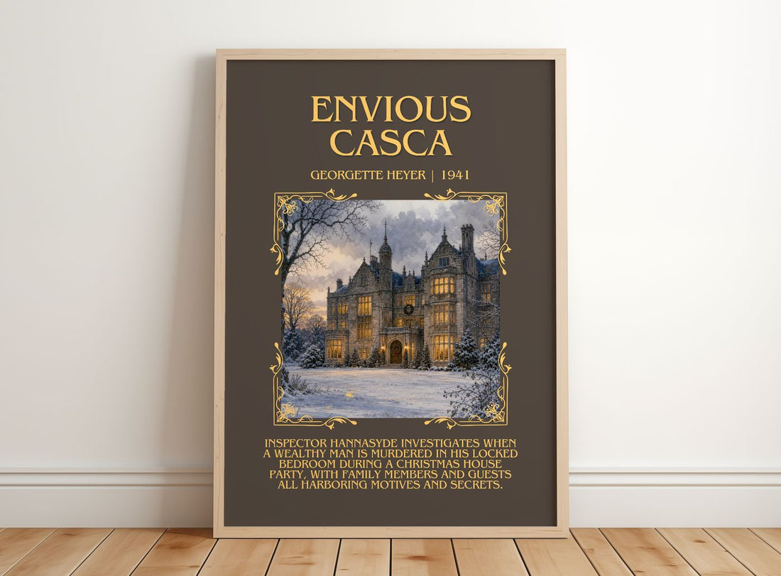 Envious Casca Minimalist Book Poster by Georgette Heyer – framed print leaning on a wooden floor