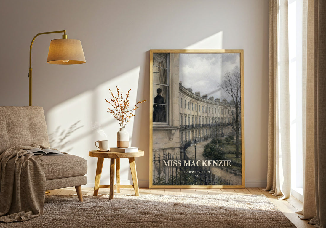 Miss Mackenzie watercolour print in frame leaning in hallway – classic literature wall art (mockup)