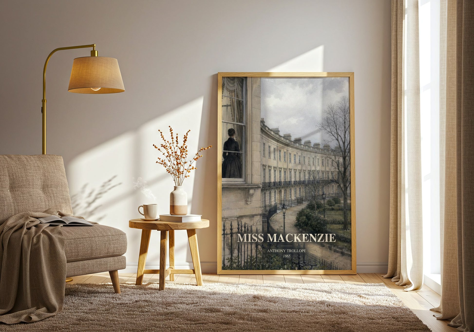 Miss Mackenzie watercolour print in frame leaning in hallway – classic literature wall art