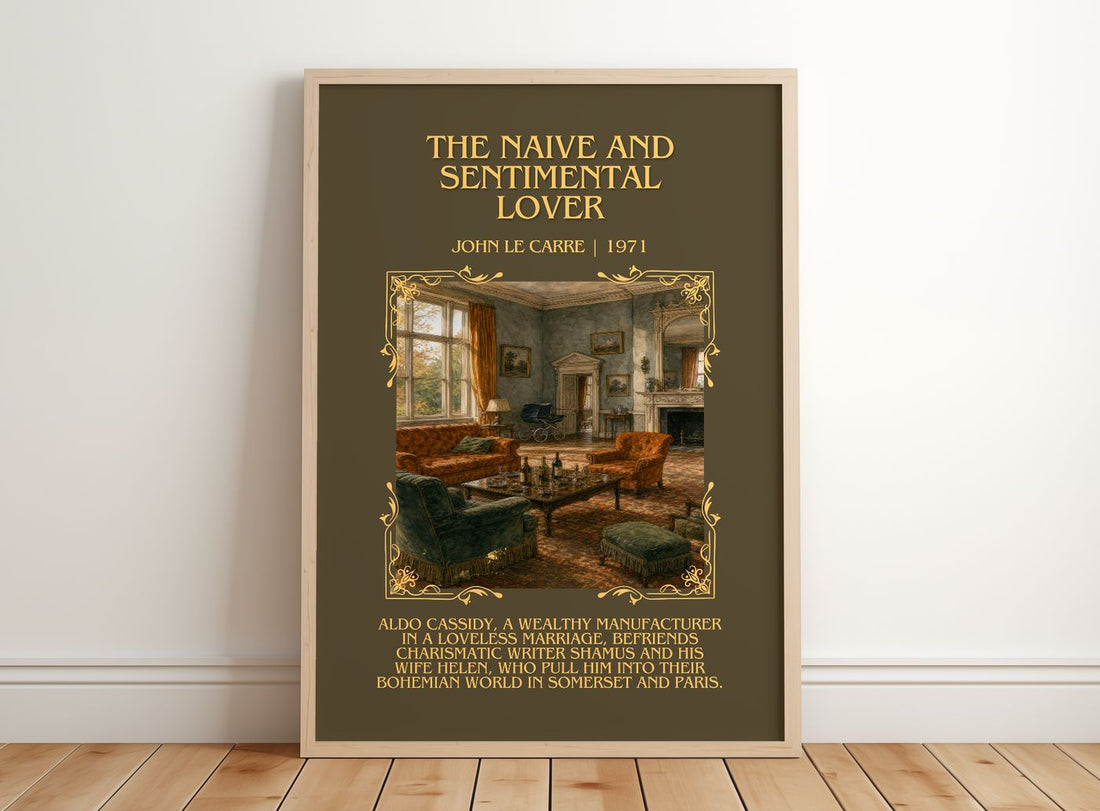 Naive and Sentimental Lover Minimalist Book Poster by John le Carré – framed print leaning on a wooden floor