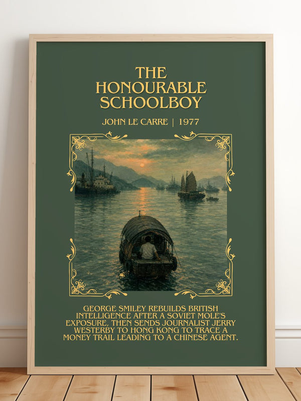 The Honourable Schoolboy Minimalist Book Poster by John le Carré – framed print leaning on a wooden floor