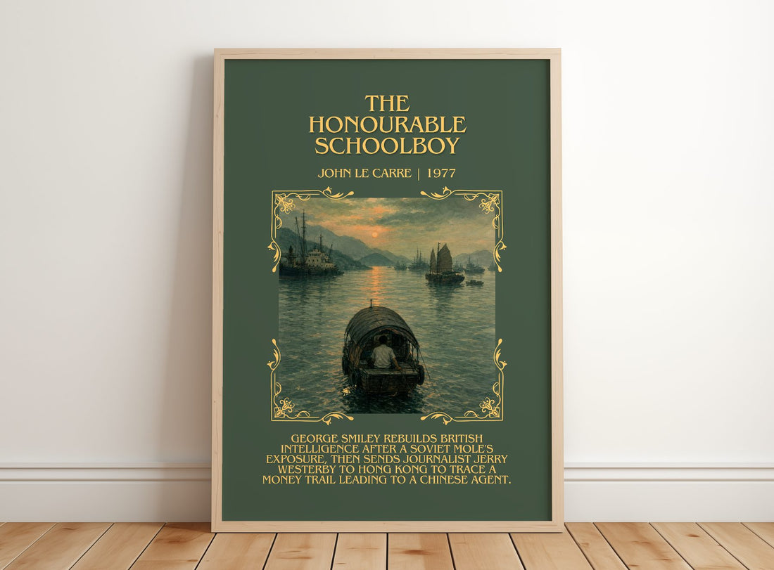 The Honourable Schoolboy Minimalist Book Poster by John le Carré – framed print leaning on a wooden floor