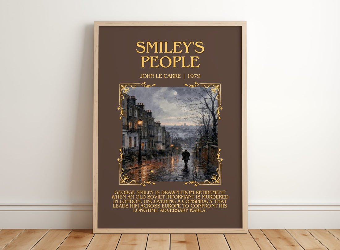 Smiley's People Minimalist Book Poster by John le Carré – framed print leaning on a wooden floor