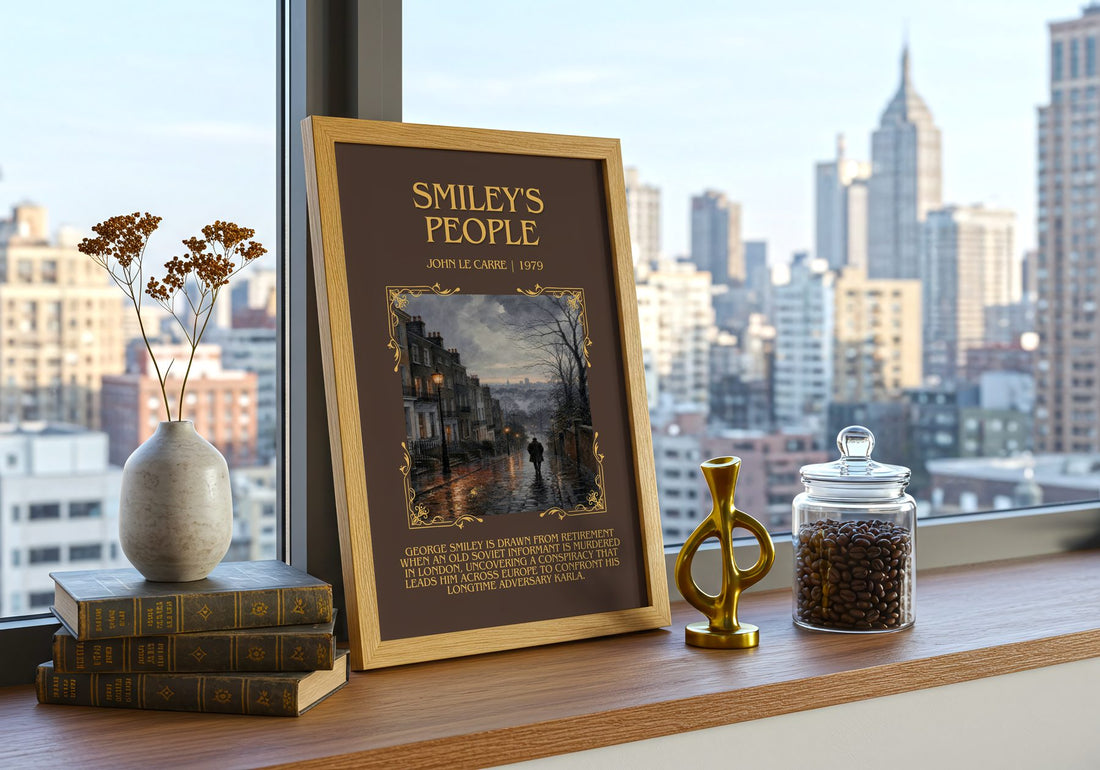 Smiley's People Minimalist Book Poster by John le Carré – framed print on a city-view windowsill