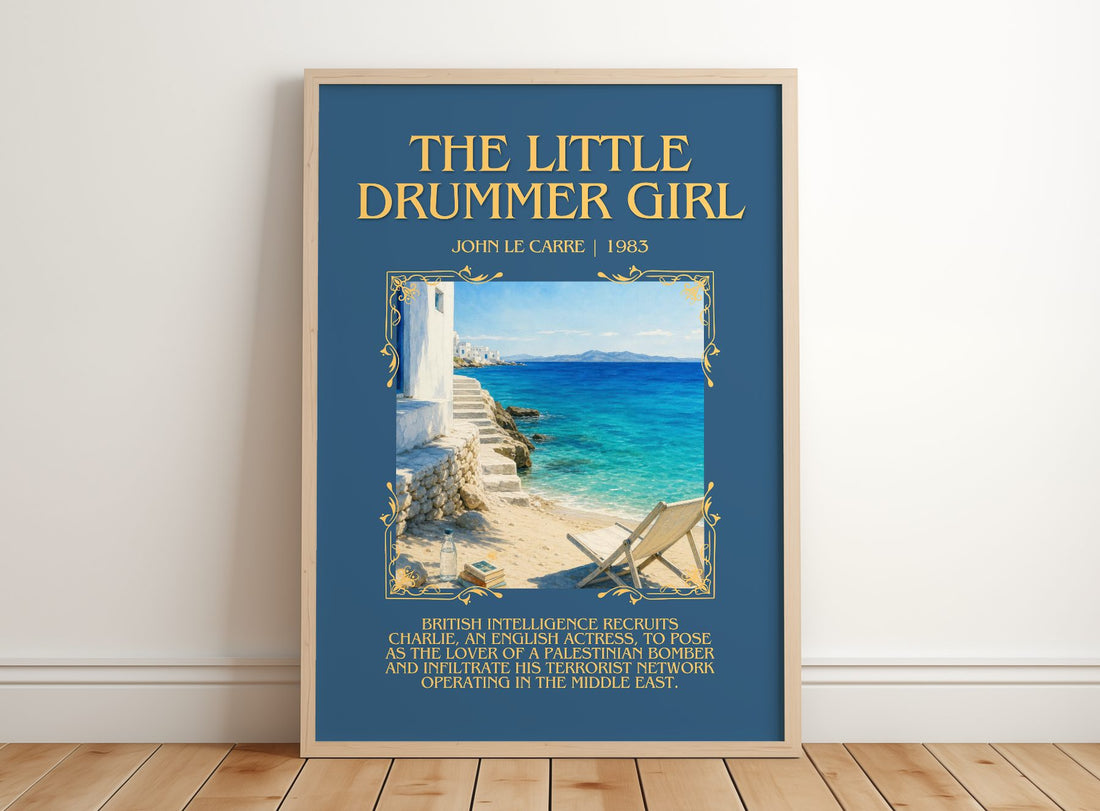 The Little Drummer Girl Minimalist Book Poster by John le Carré – framed print leaning on a wooden floor