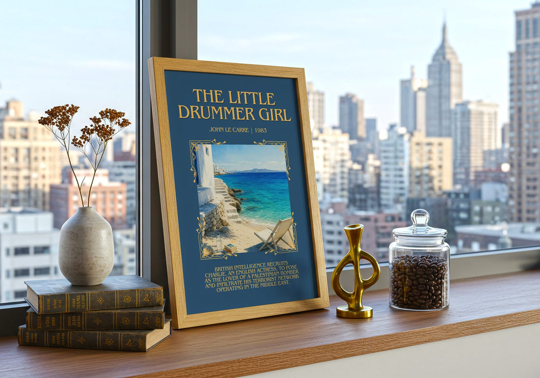 The Little Drummer Girl Minimalist Book Poster by John le Carré – framed print on a city-view windowsill