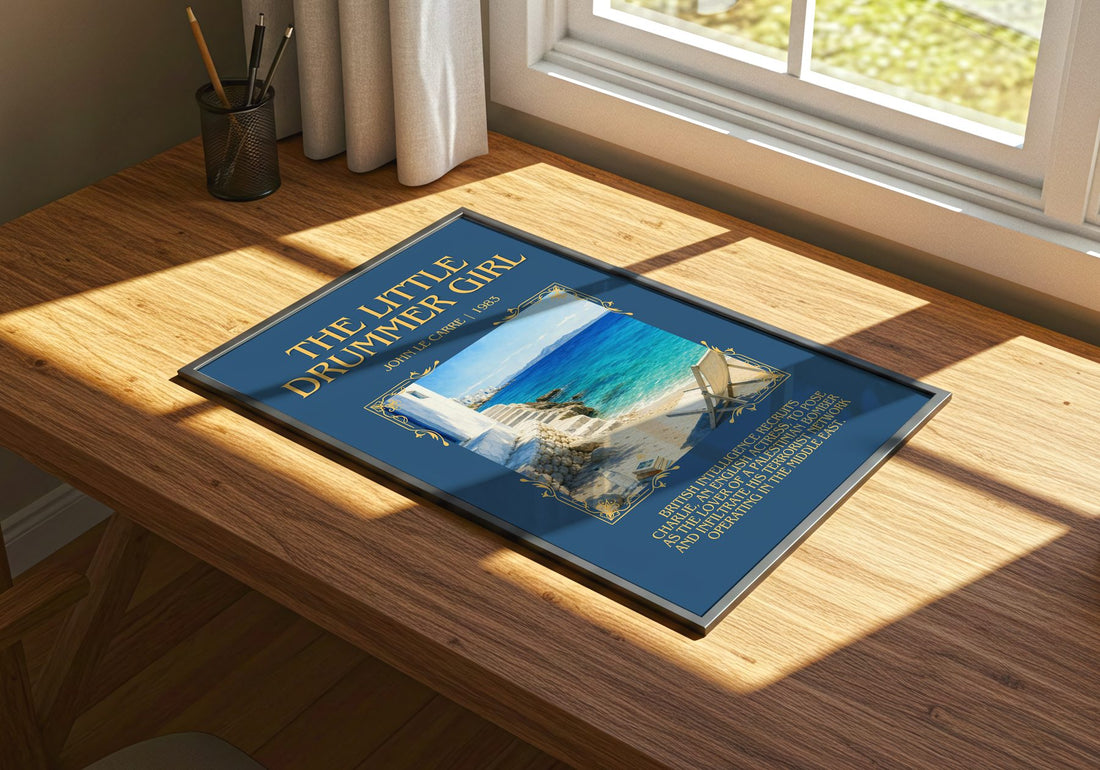 The Little Drummer Girl Minimalist Book Poster by John le Carré – print on a sunlit desk