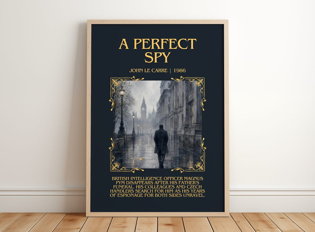 A Perfect Spy Minimalist Book Poster by John le Carré – framed print leaning on a wooden floor