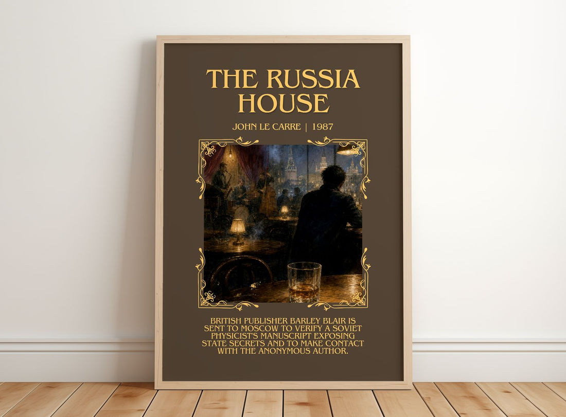 The Russia House Minimalist Book Poster by John le Carré – framed print leaning on a wooden floor
