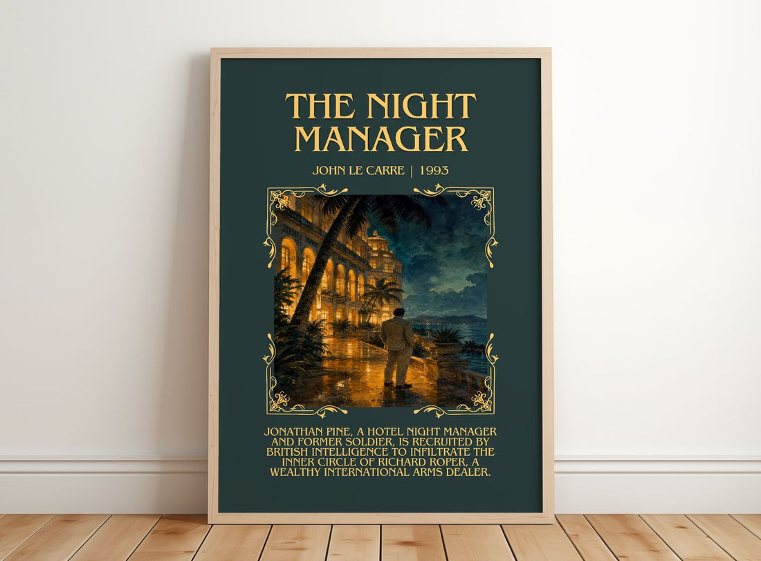 The Night Manager Minimalist Book Poster by John le Carré – framed print leaning on a wooden floor