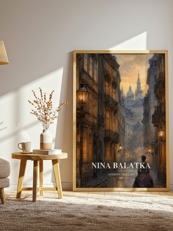 Nina Balatka watercolour print in frame leaning in hallway – historical fiction wall art