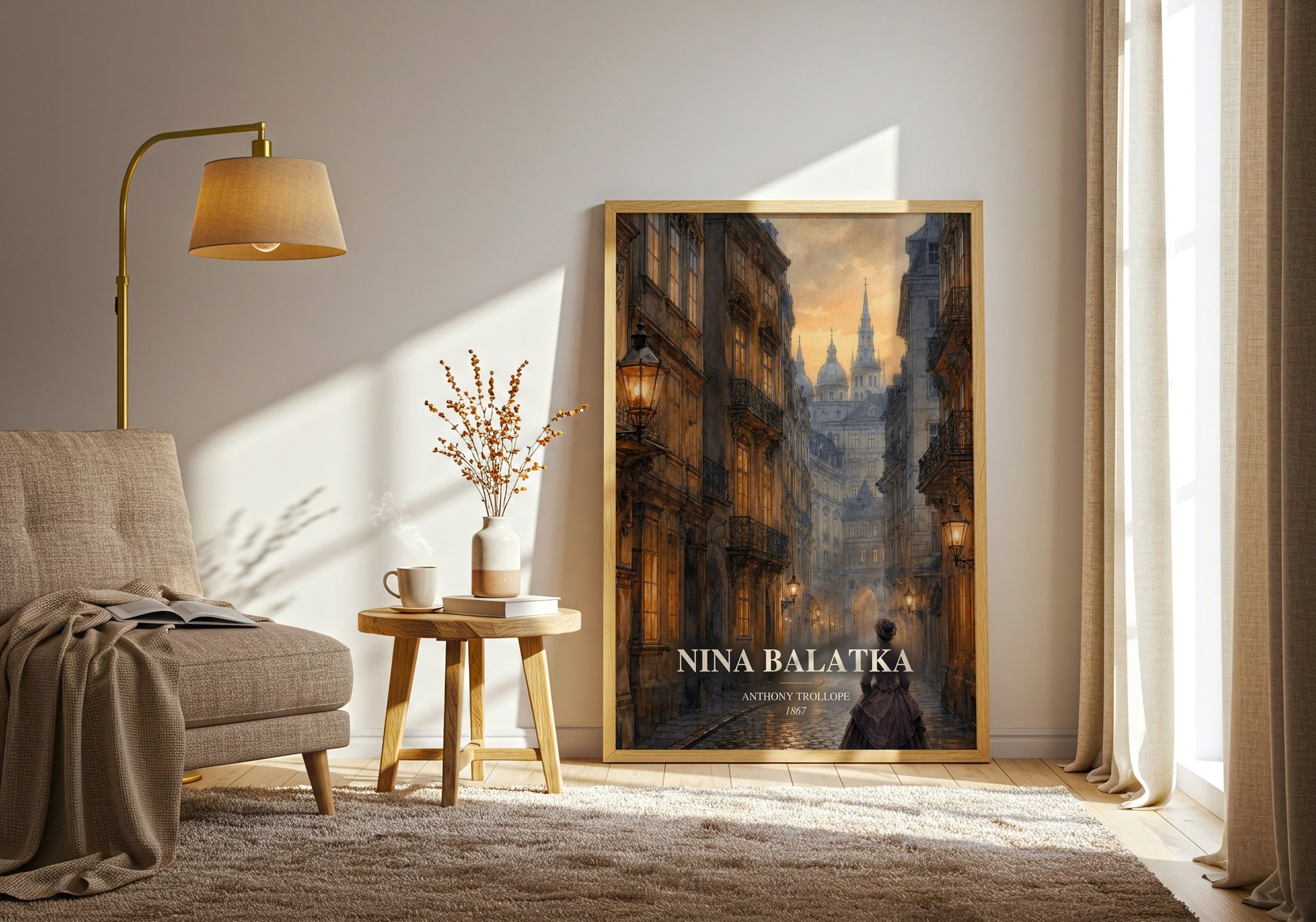 Nina Balatka watercolour print in frame leaning in hallway – historical fiction wall art