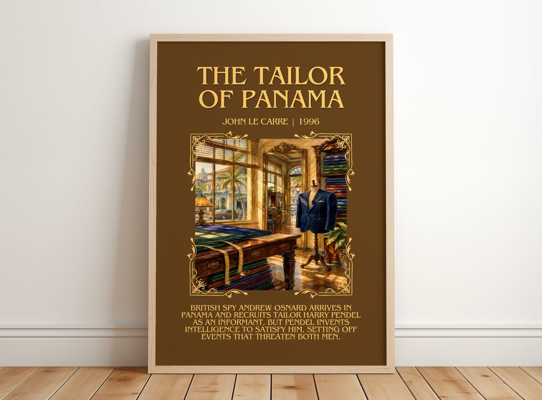 The Tailor of Panama Minimalist Book Poster by John le Carré – framed print leaning on a wooden floor