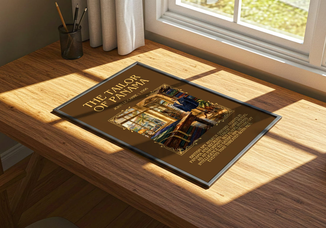 The Tailor of Panama Minimalist Book Poster by John le Carré – print on a sunlit desk