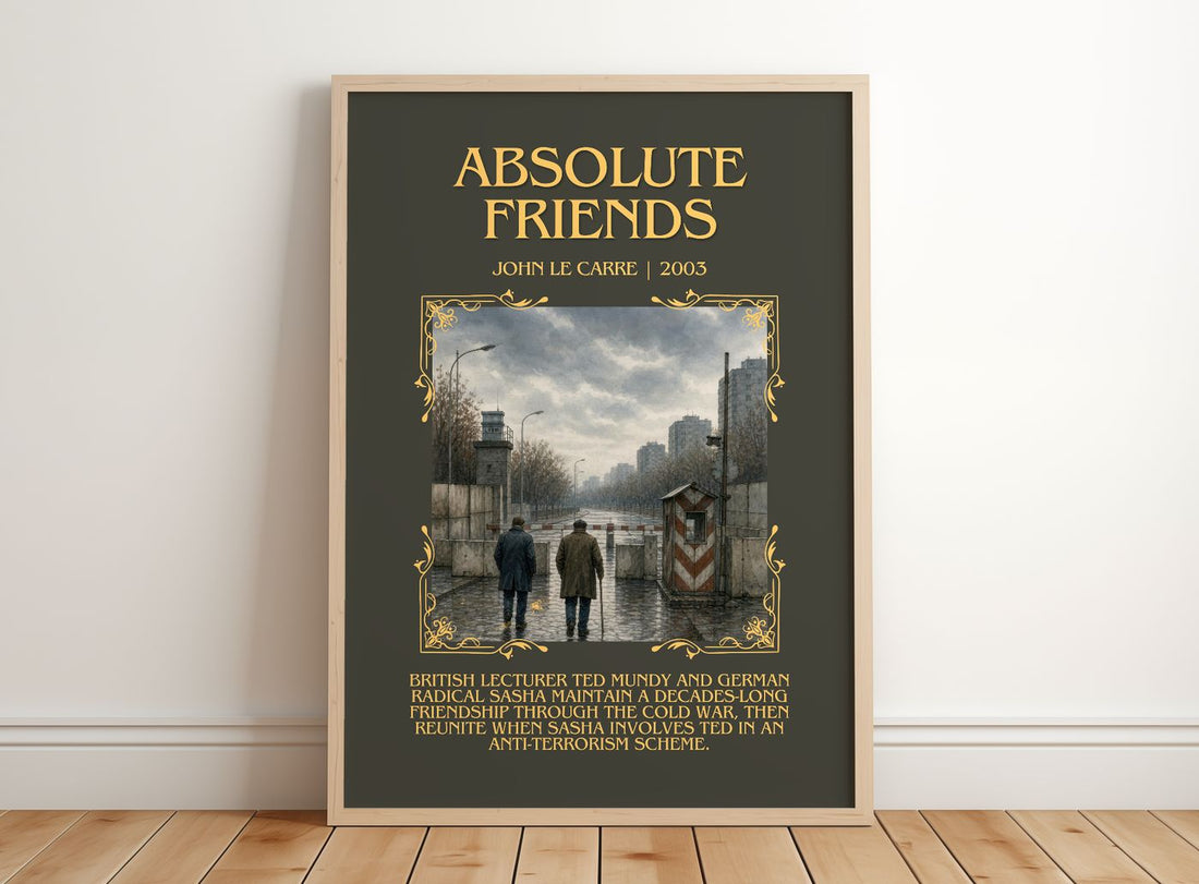 Absolute Friends Minimalist Book Poster by John le Carré – framed print leaning on a wooden floor