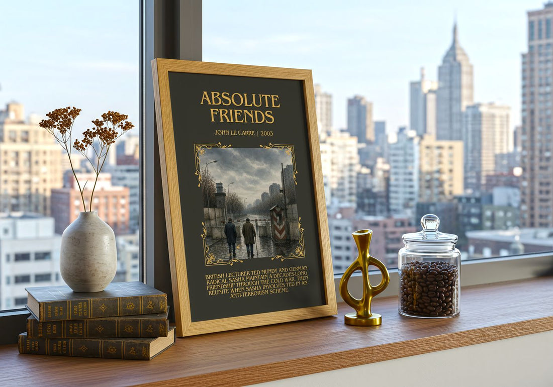 Absolute Friends Minimalist Book Poster by John le Carré – framed print on a city-view windowsill