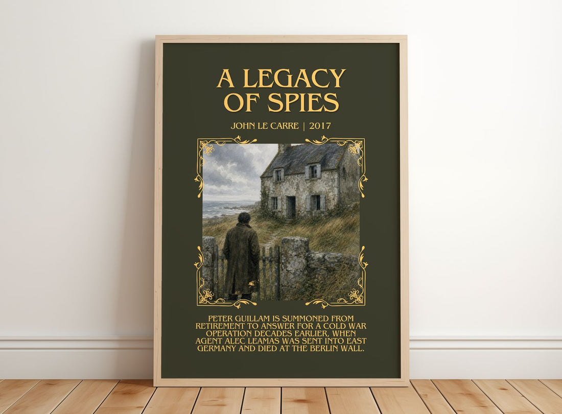 A Legacy of Spies Minimalist Book Poster by John le Carré – framed print leaning on a wooden floor