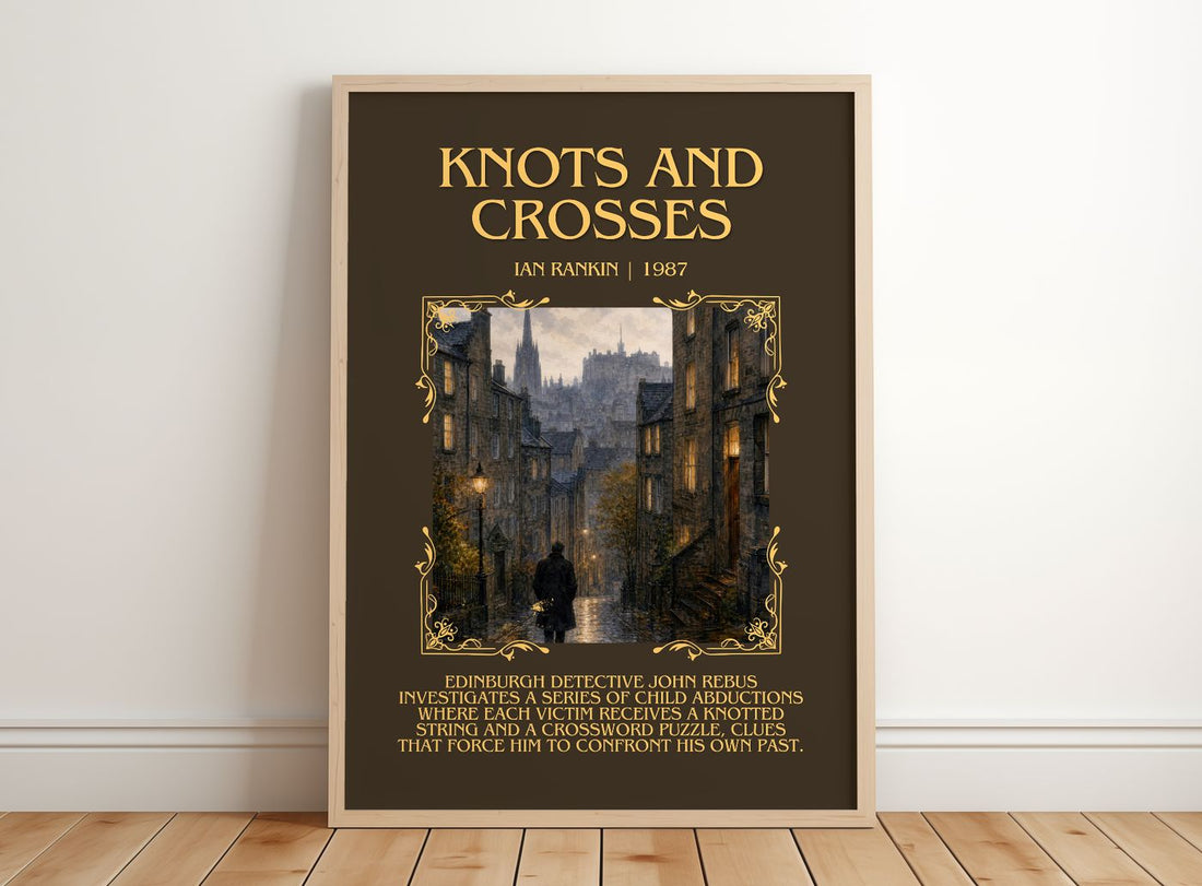 Knots and Crosses Minimalist Book Poster by Ian Rankin – framed print leaning on a wooden floor