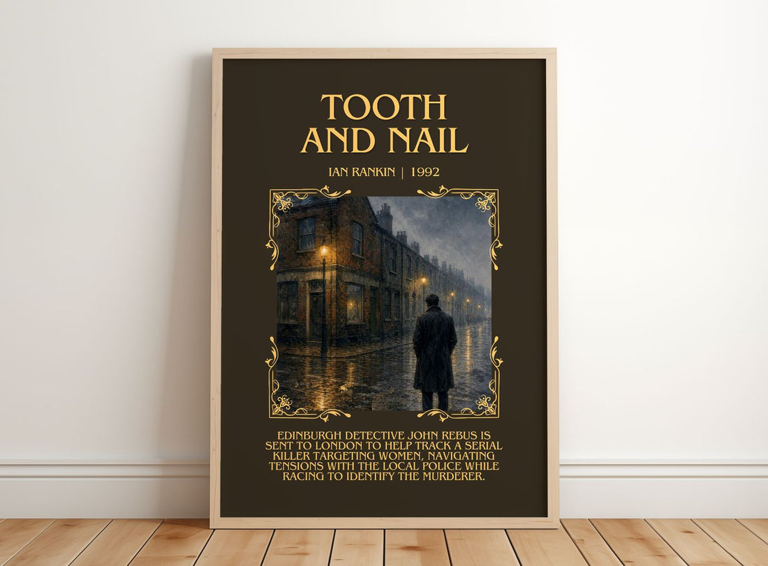 Tooth and Nail Minimalist Book Poster by Ian Rankin – framed print leaning on a wooden floor
