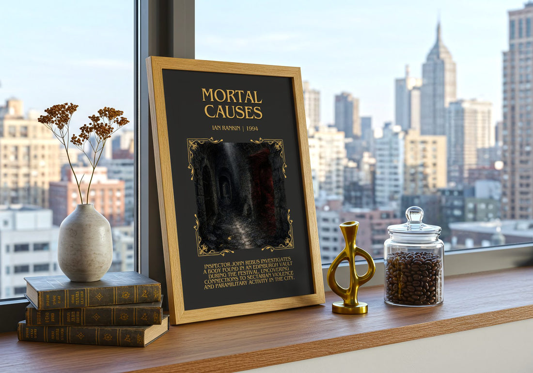 Mortal Causes Minimalist Book Poster by Ian Rankin – framed print on a city-view windowsill