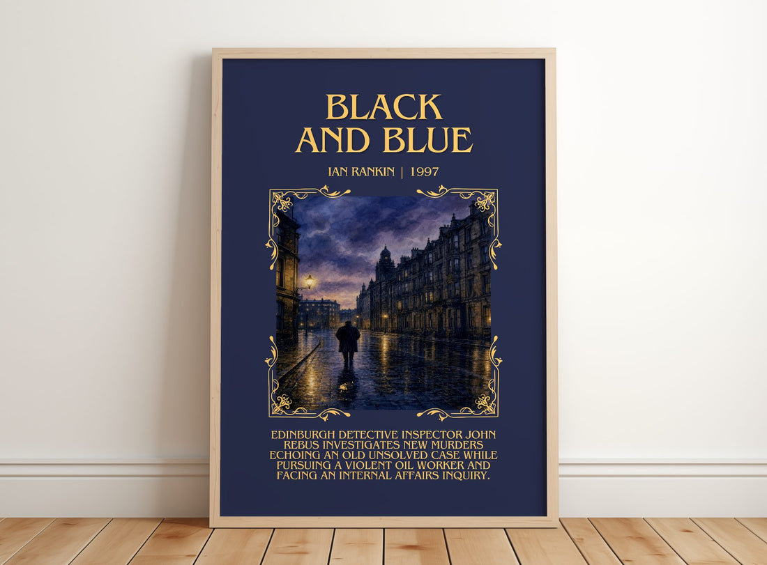 Black and Blue Minimalist Book Poster by Ian Rankin – framed print leaning on a wooden floor