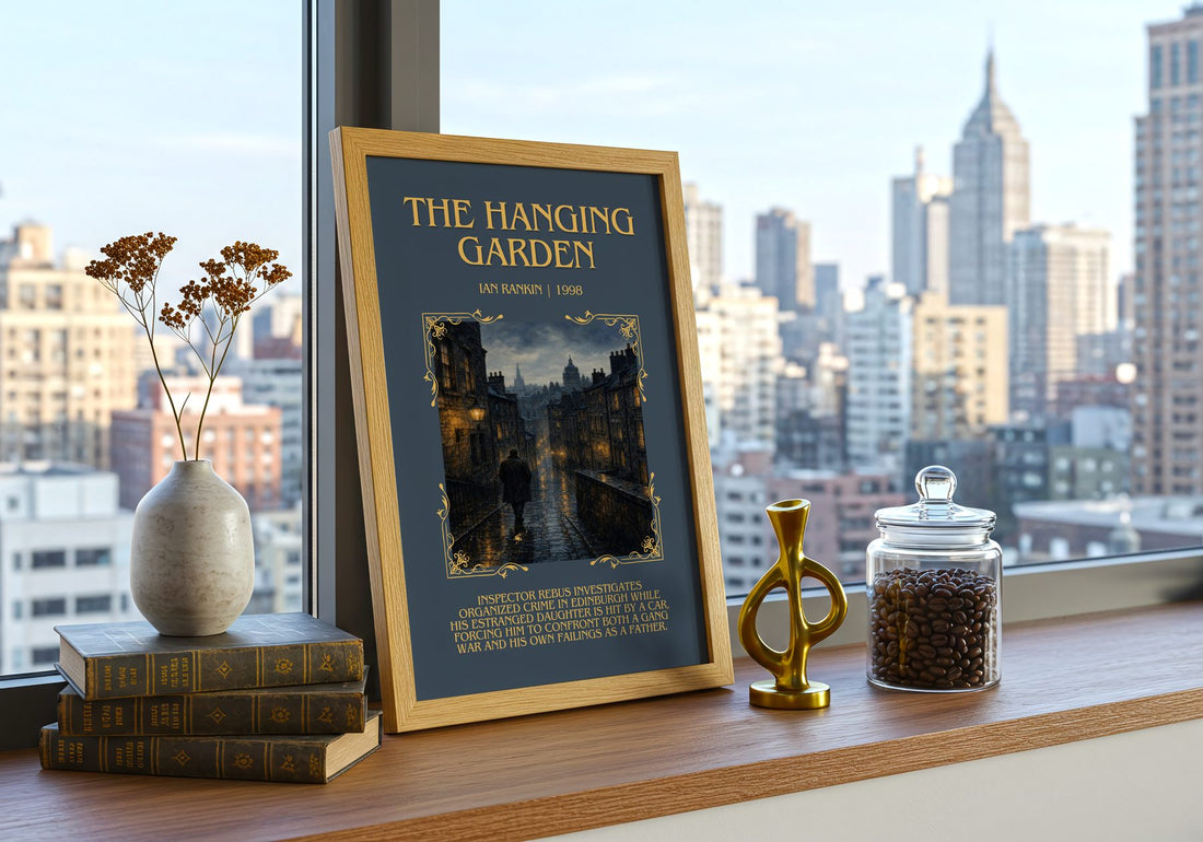 The Hanging Garden Minimalist Book Poster by Ian Rankin – framed print on a city-view windowsill