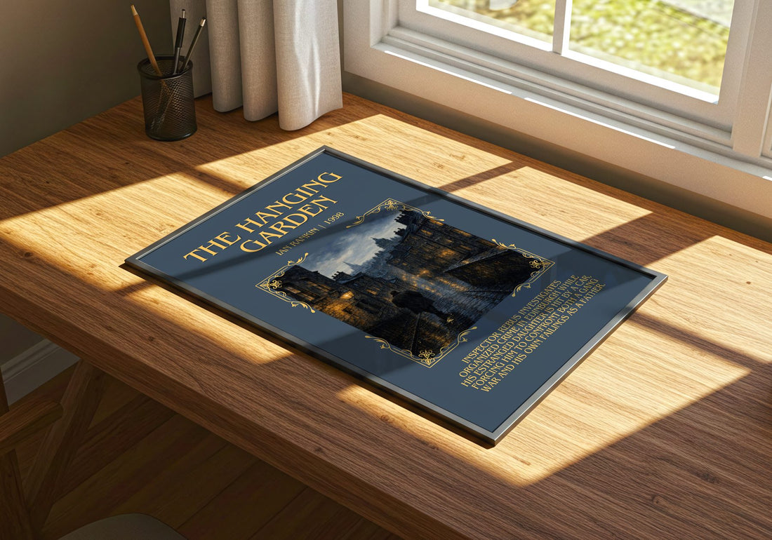 The Hanging Garden Minimalist Book Poster by Ian Rankin – print on a sunlit desk