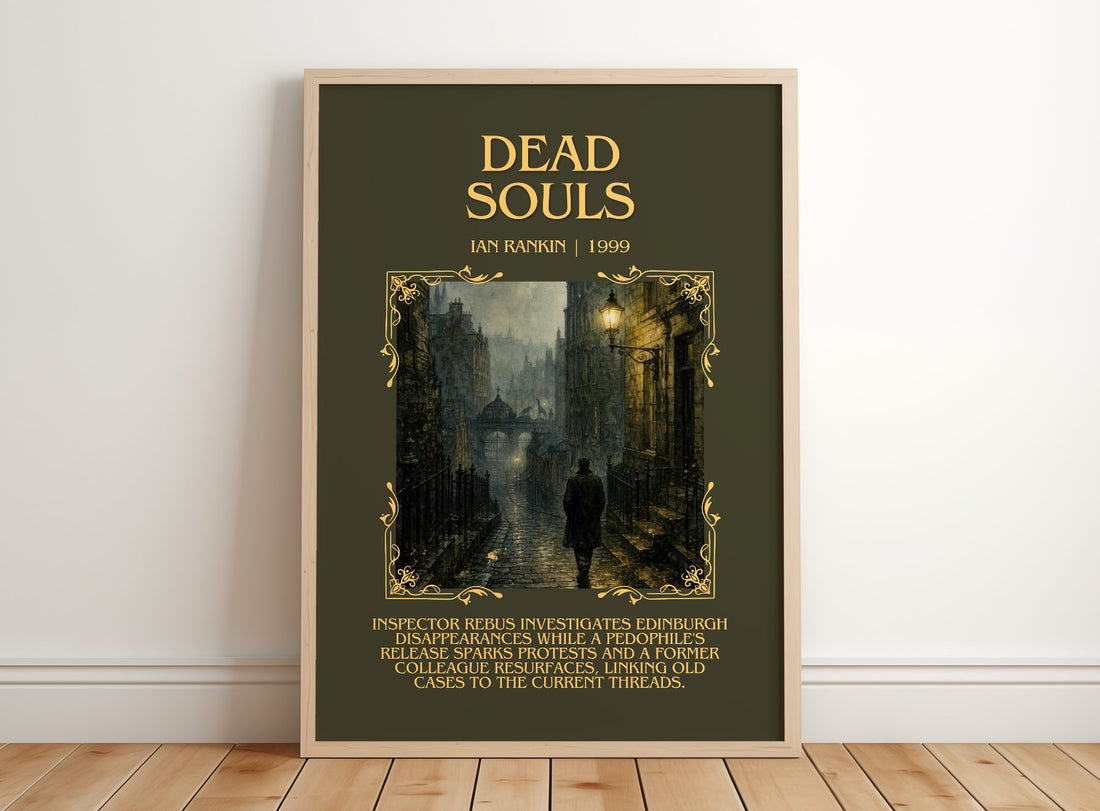 Dead Souls Minimalist Book Poster by Ian Rankin – framed print leaning on a wooden floor