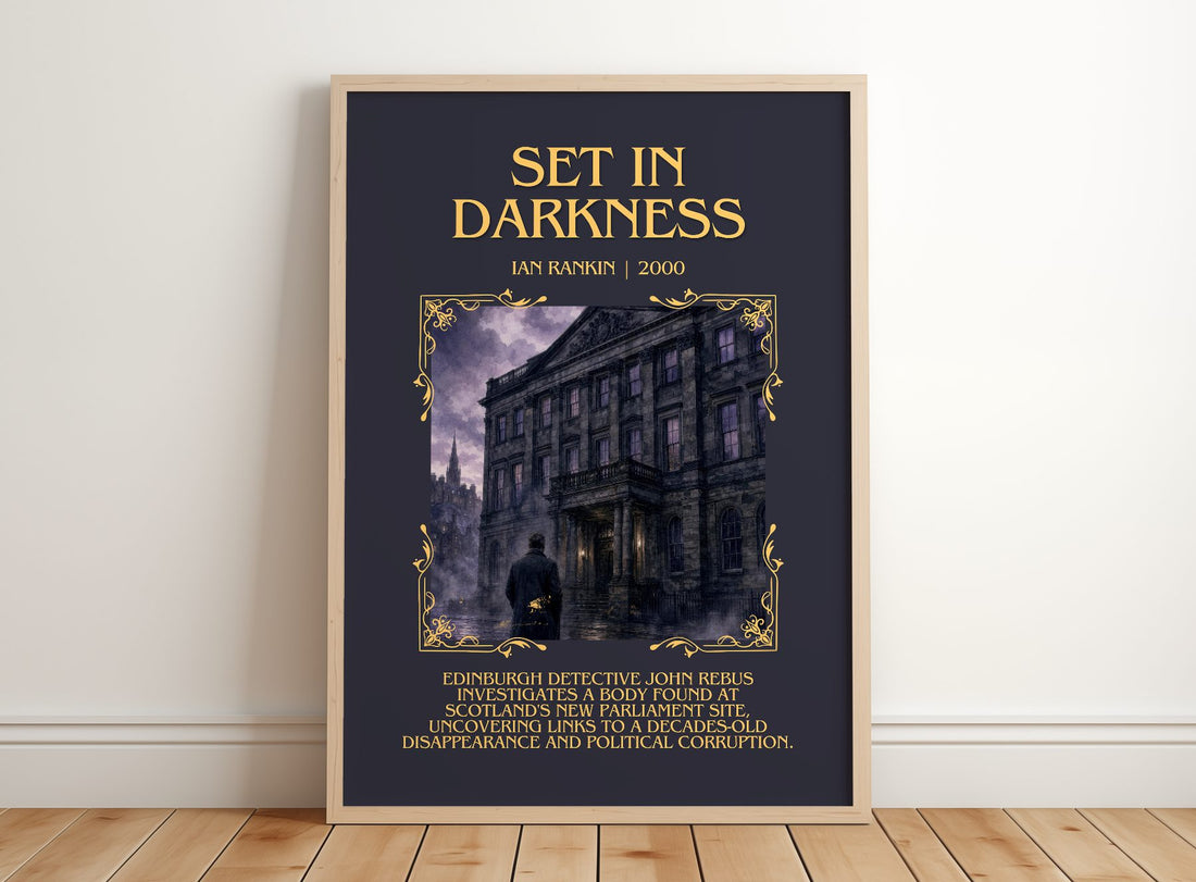 Set in Darkness Minimalist Book Poster by Ian Rankin – framed print leaning on a wooden floor