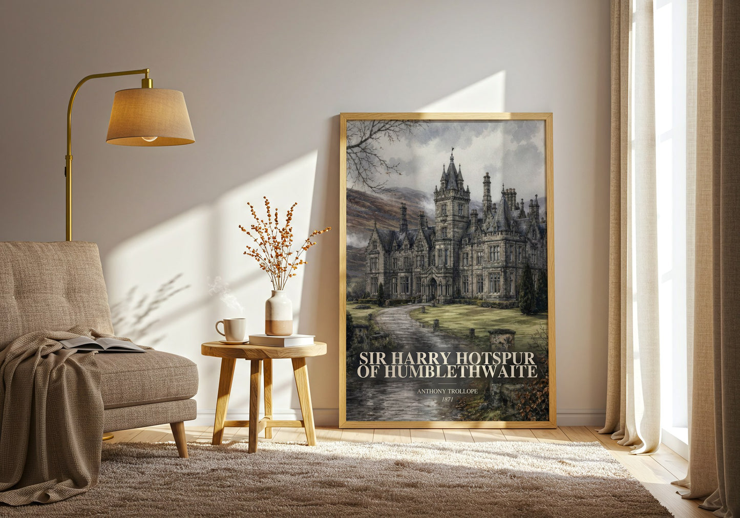 Sir Harry Hotspur Of Humblethwaite watercolour print in frame leaning in hallway – classic literature wall art