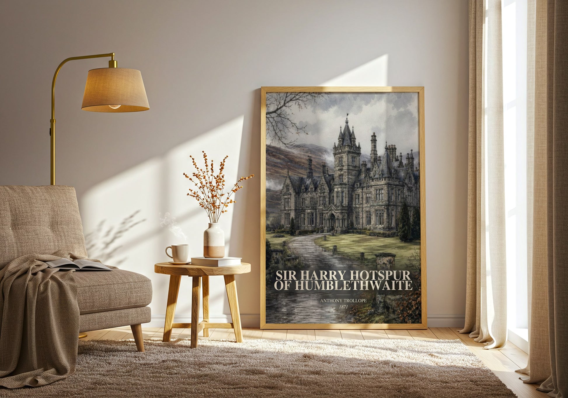 Sir Harry Hotspur Of Humblethwaite watercolour print in frame leaning in hallway – classic literature wall art