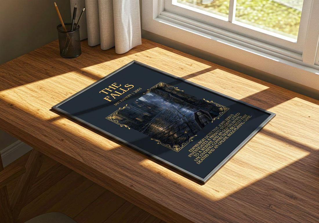 The Falls Minimalist Book Poster by Ian Rankin – print on a sunlit desk