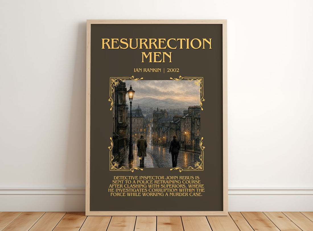 Resurrection Men Minimalist Book Poster by Ian Rankin – framed print leaning on a wooden floor