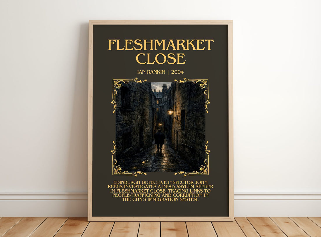 Fleshmarket Close Minimalist Book Poster by Ian Rankin – framed print leaning on a wooden floor
