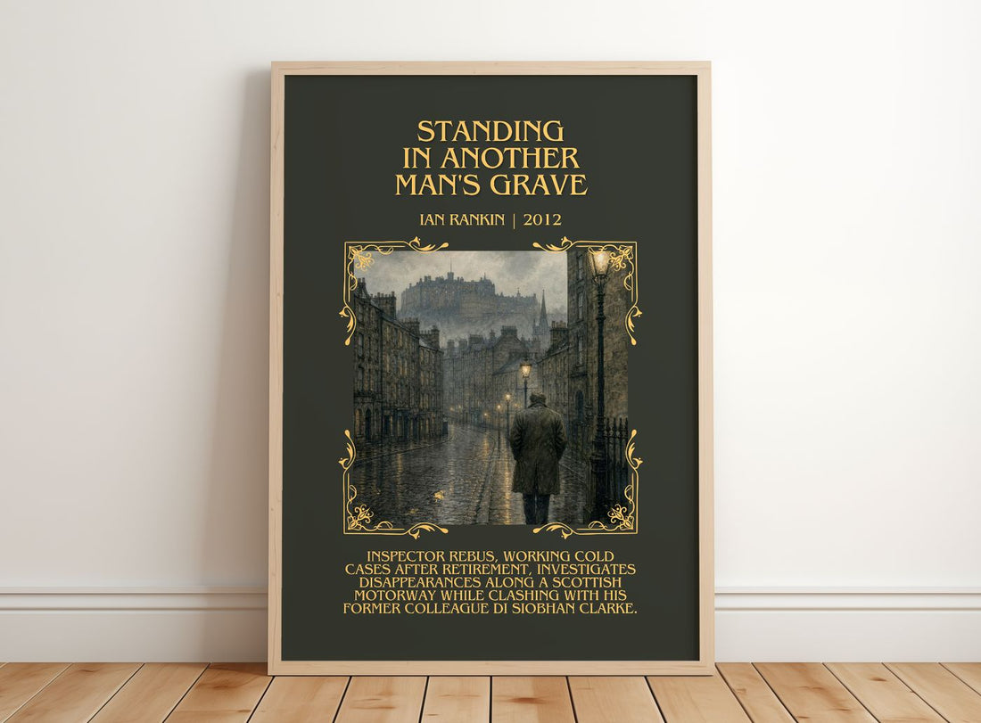 Standing in Another Man's Grave Minimalist Book Poster by Ian Rankin – framed print leaning on a wooden floor