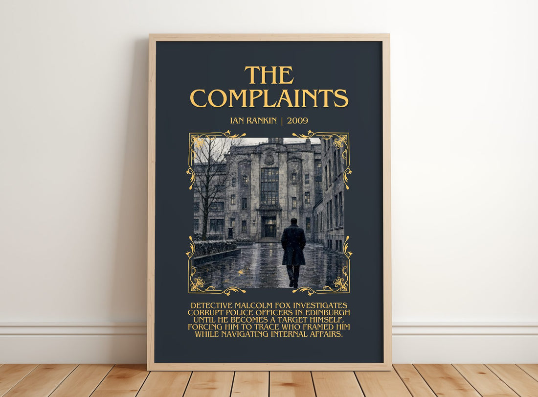 The Complaints Minimalist Book Poster by Ian Rankin – framed print leaning on a wooden floor