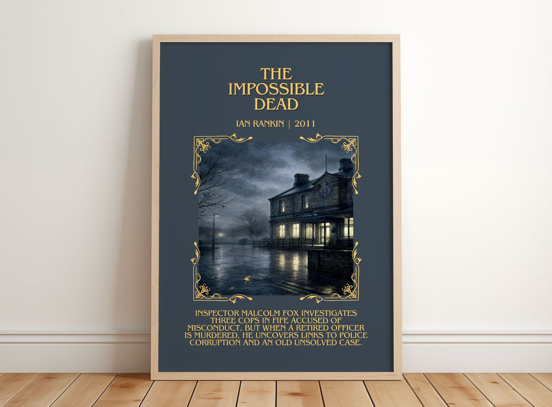 The Impossible Dead Minimalist Book Poster by Ian Rankin – framed print leaning on a wooden floor