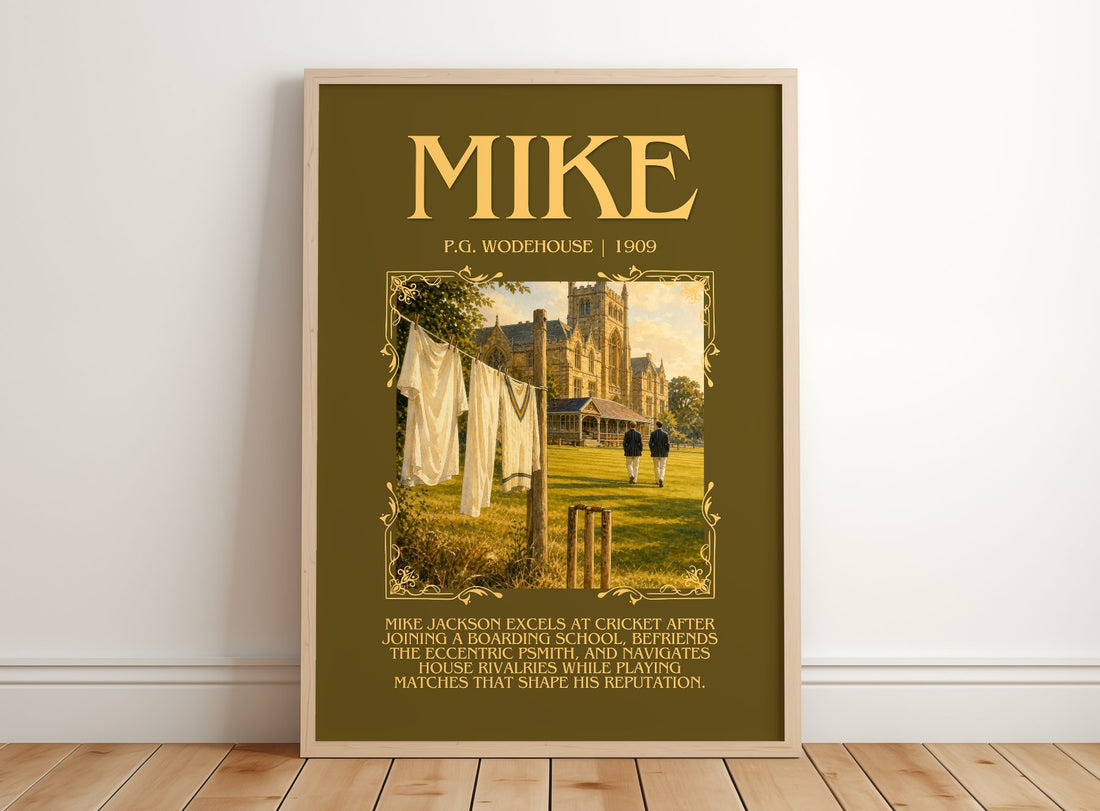 Mike Minimalist Book Poster by P.G. Wodehouse – framed print leaning on a wooden floor