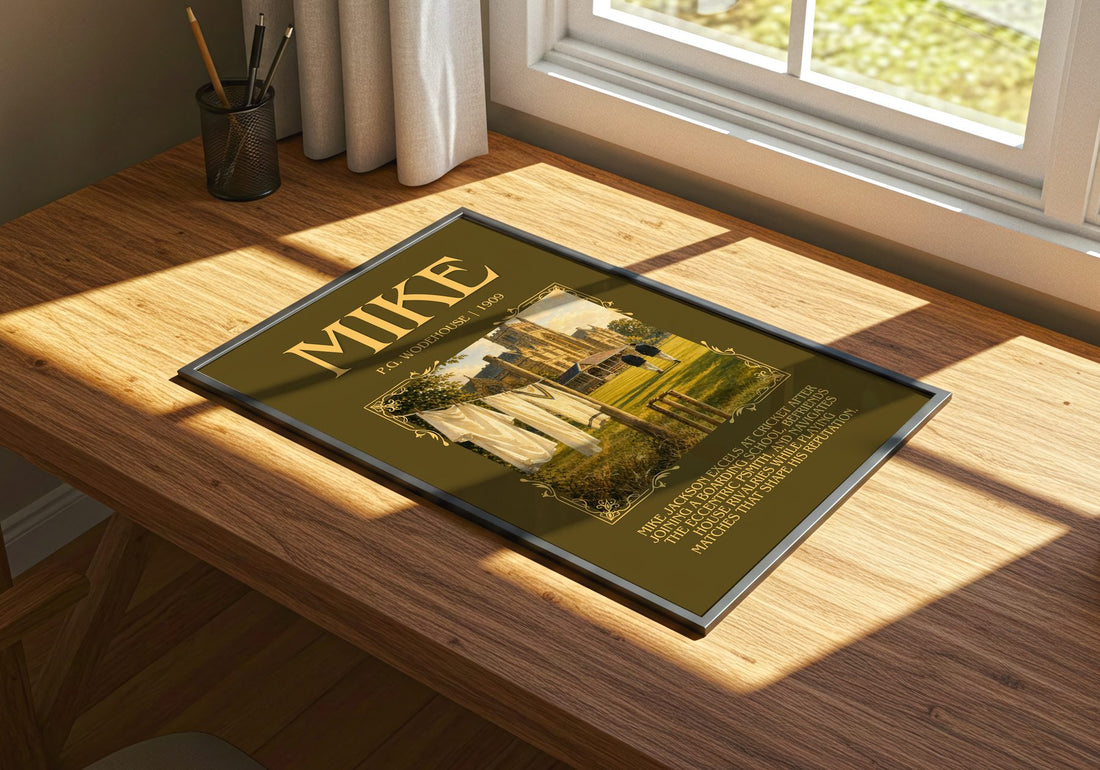Mike Minimalist Book Poster by P.G. Wodehouse – print on a sunlit desk