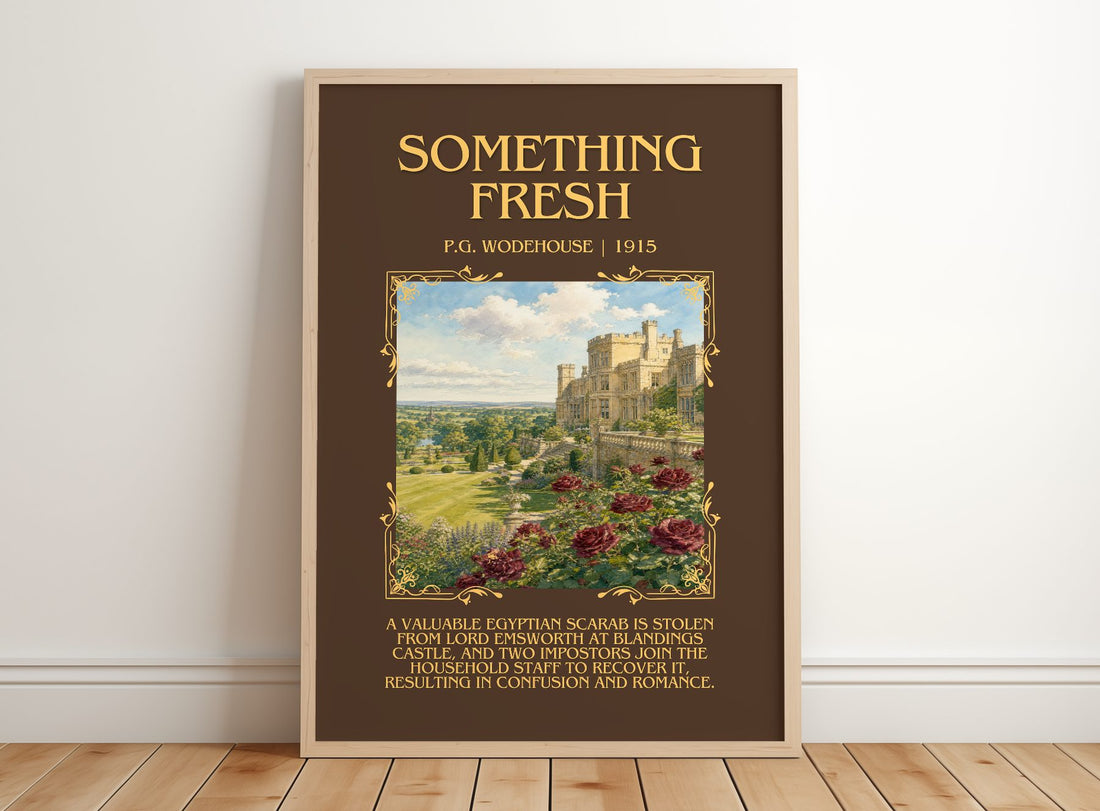 Something Fresh Minimalist Book Poster by P.G. Wodehouse – framed print leaning on a wooden floor