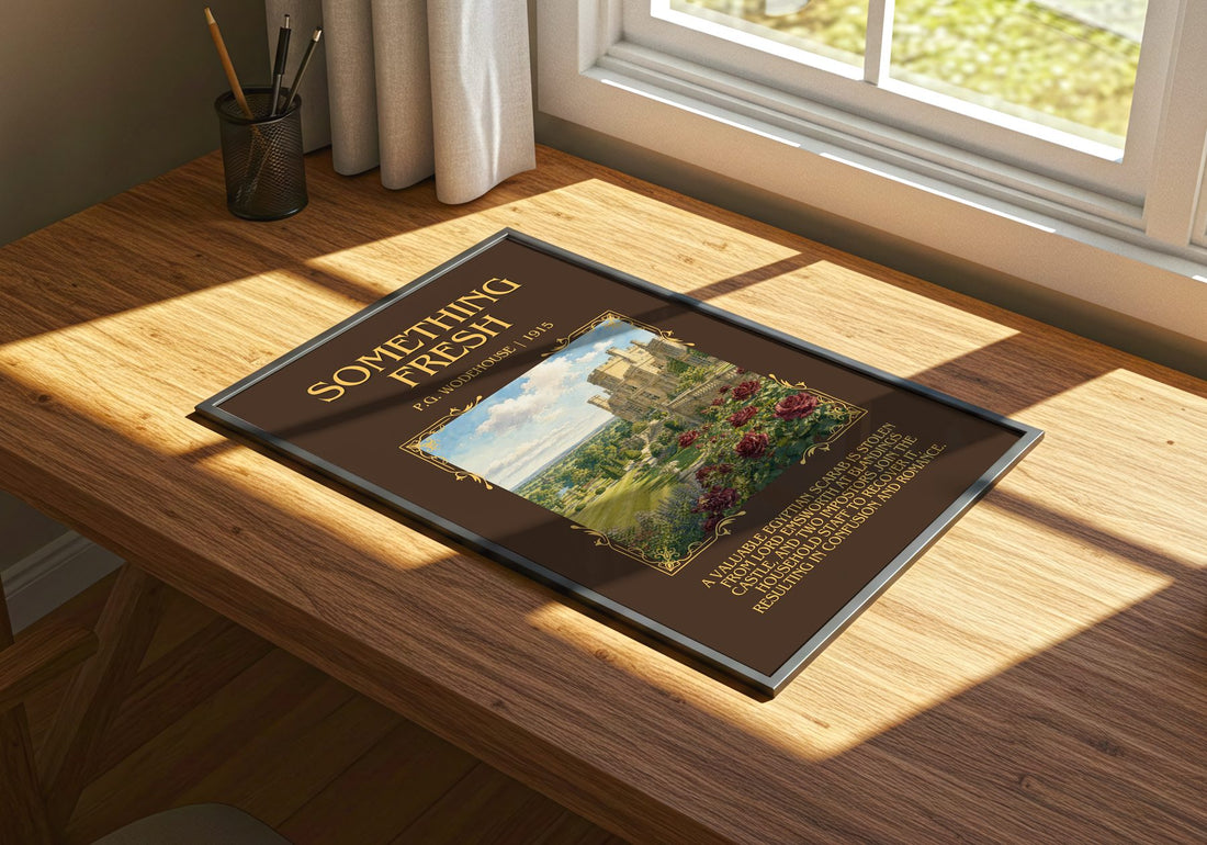 Something Fresh Minimalist Book Poster by P.G. Wodehouse – print on a sunlit desk