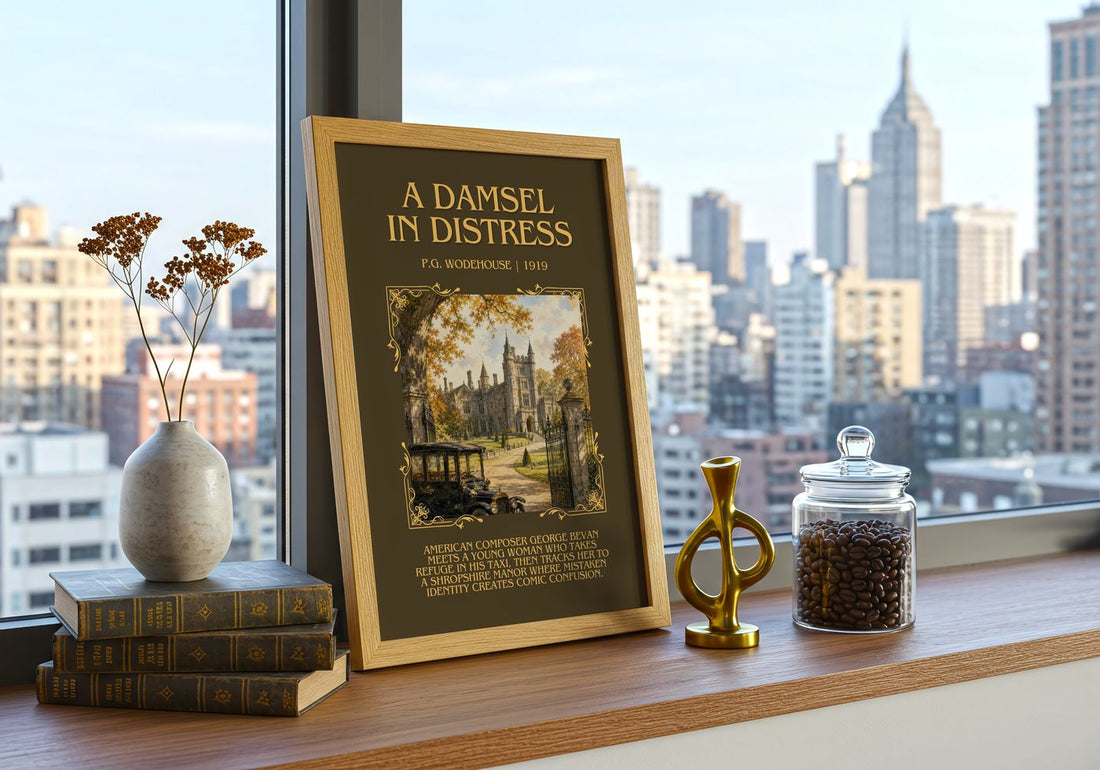 A Damsel in Distress Minimalist Book Poster by P.G. Wodehouse – framed print on a city-view windowsill
