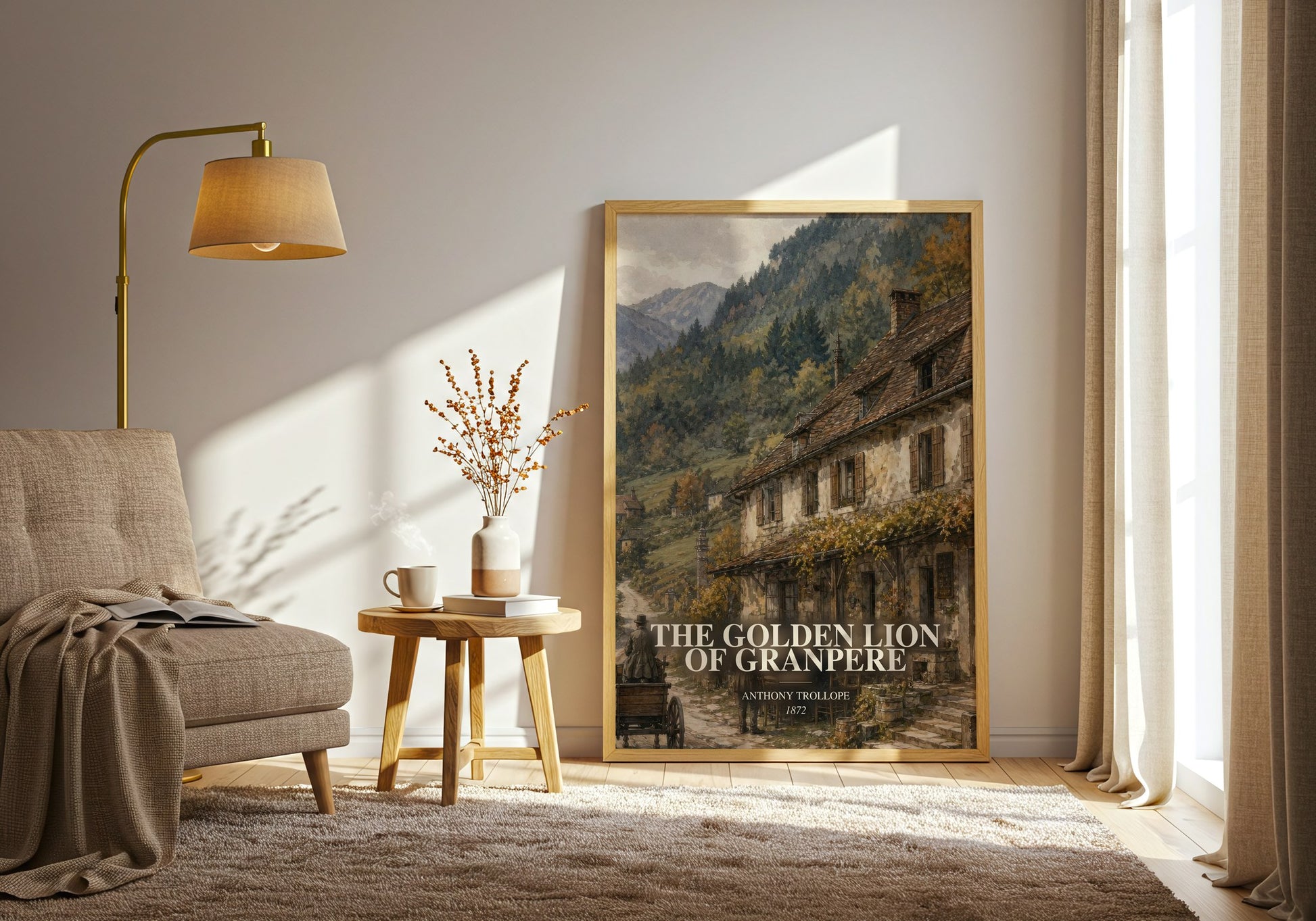 The Golden Lion Of Granpere watercolour print in frame leaning in hallway – classic literature wall art