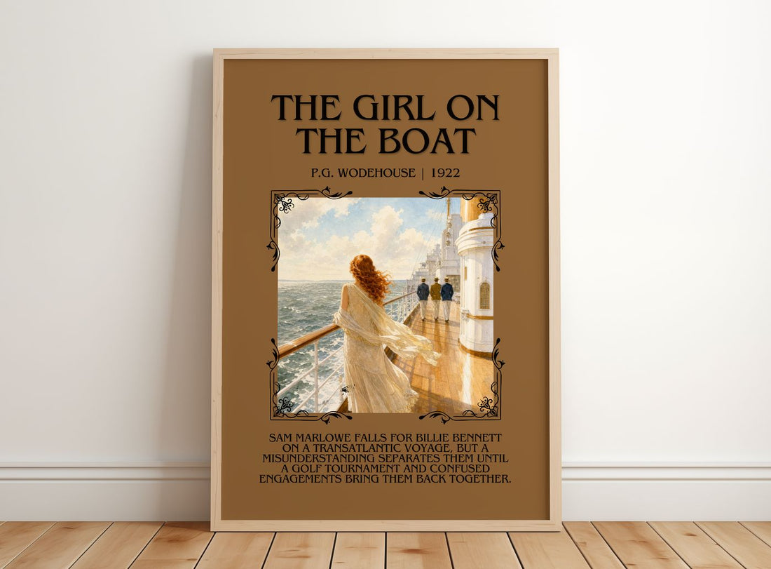 The Girl on the Boat Minimalist Book Poster by P.G. Wodehouse – framed print leaning on a wooden floor