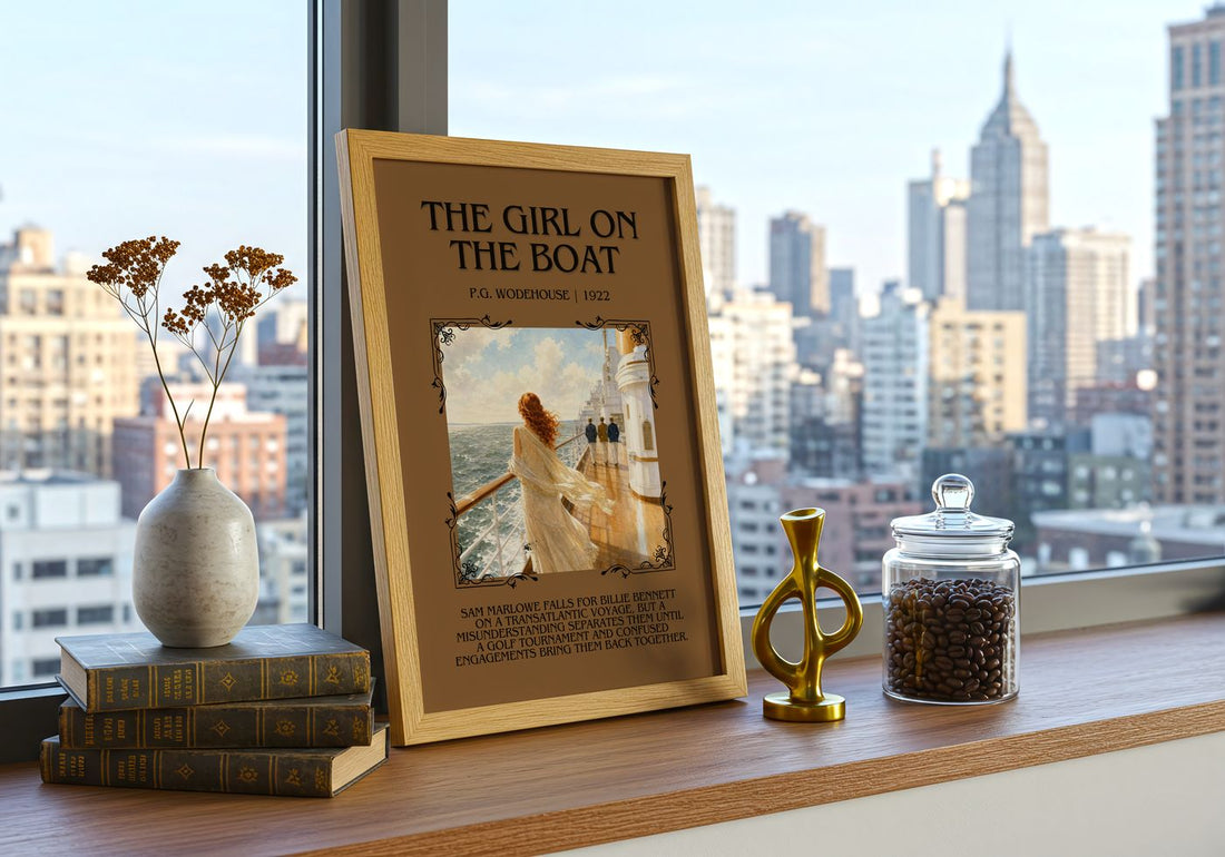 The Girl on the Boat Minimalist Book Poster by P.G. Wodehouse – framed print on a city-view windowsill