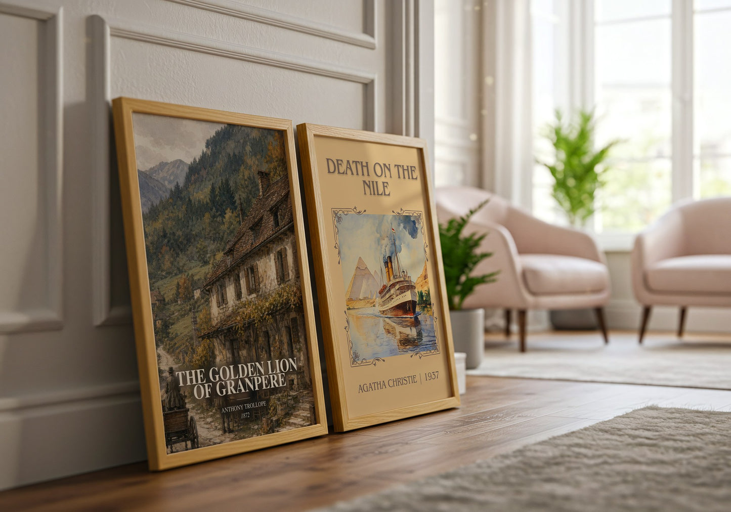 The Golden Lion Of Granpere watercolour print framed by window – literary home decor