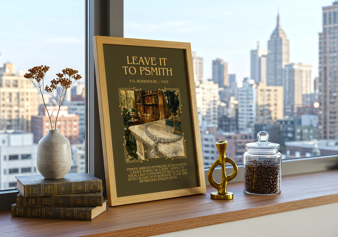 Leave It to Psmith Minimalist Book Poster by P.G. Wodehouse – framed print on a city-view windowsill